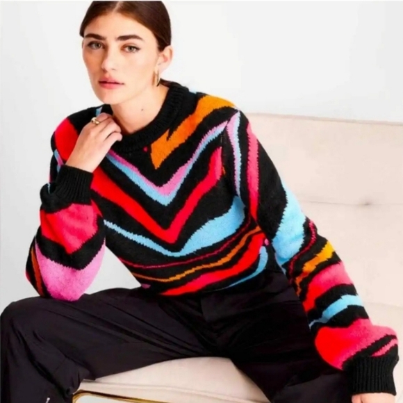 FUTURE COLLECTIVE Abstract Curve Stripe Pull Over Sweater Vibrant Multicolor - Picture 1 of 10